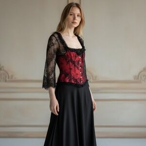 Gothic Corset Top Lace Bell Sleeve XL Red Black Vamp Coquette Romantic Victorian